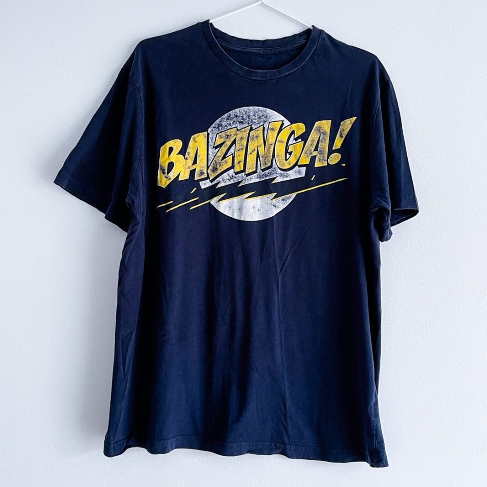 The Big Bang Theory Dark Blue Print T-Shirt Bazinga! Graphic Tee Unisex Sz L